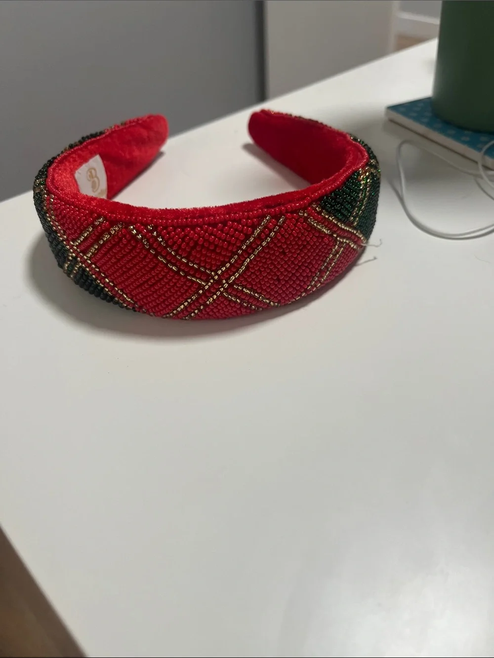 Red Beaded Plaid Padded Headband with Gold Accents